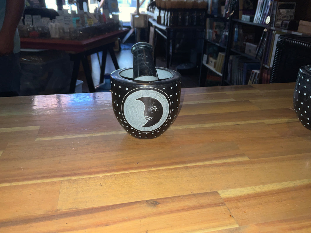 Moon Carved Black Soapstone Mortar and Pestle
