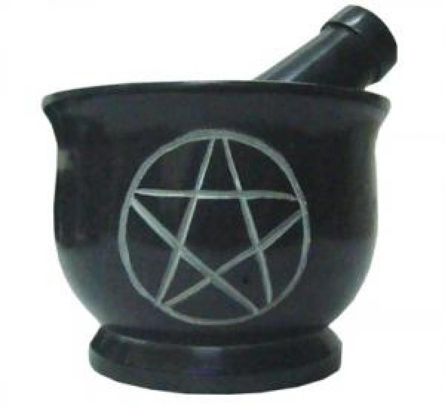 Pentacle Carved Black Stone Mortar & Pestle