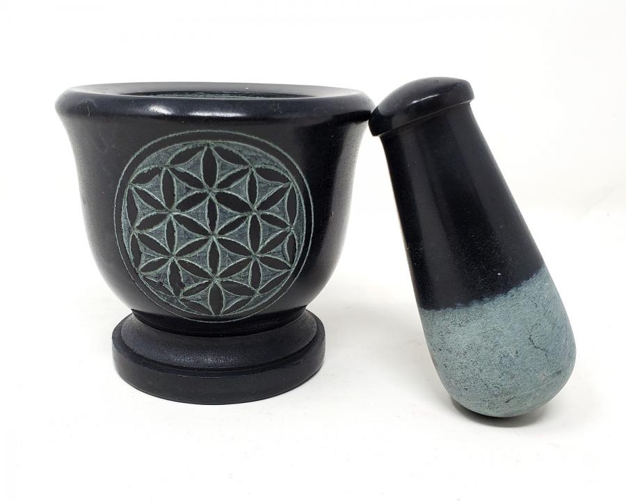 Flower of Life Carved Black Soapstone Mortar & Pestle